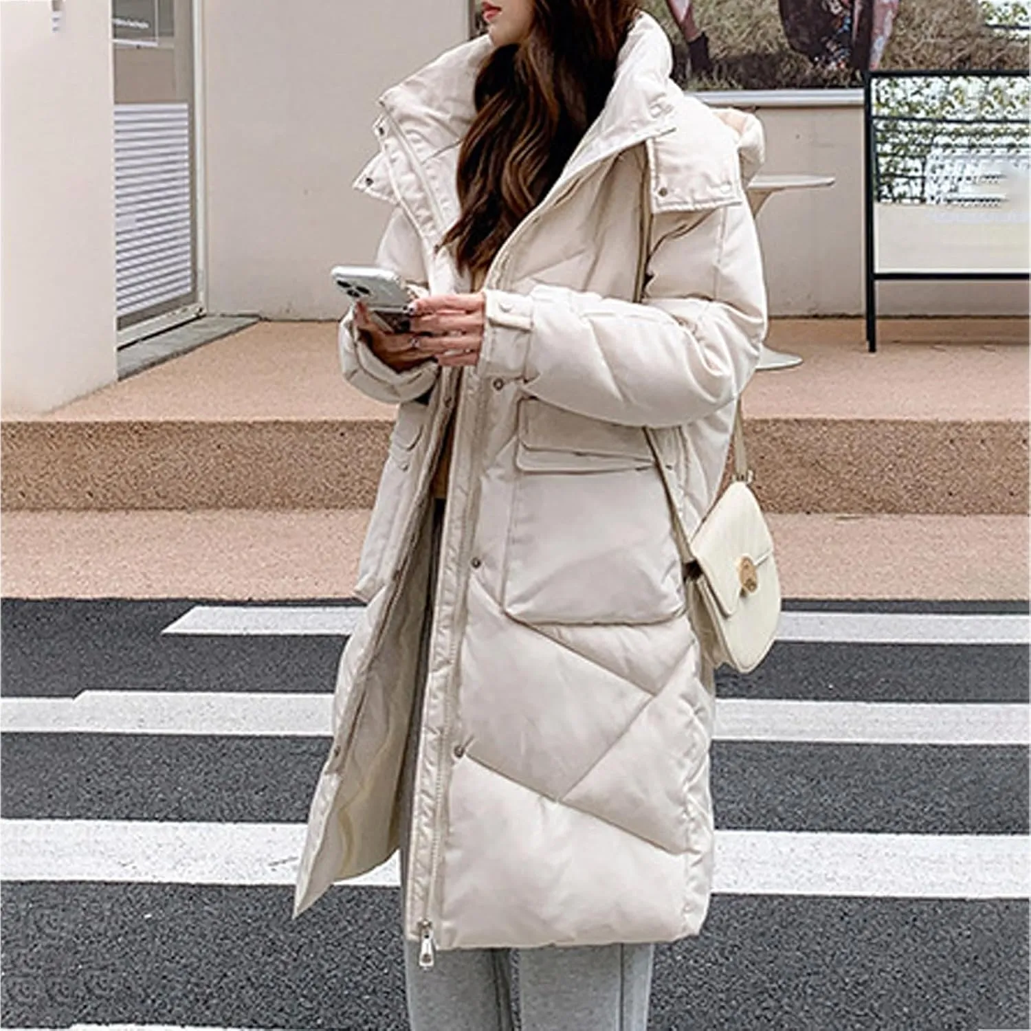 Women's Long Winter Puffer Coat Windproof Warm Maxi Down Jacket Quilted Thickened Hood Parka Down Coats Outerwear