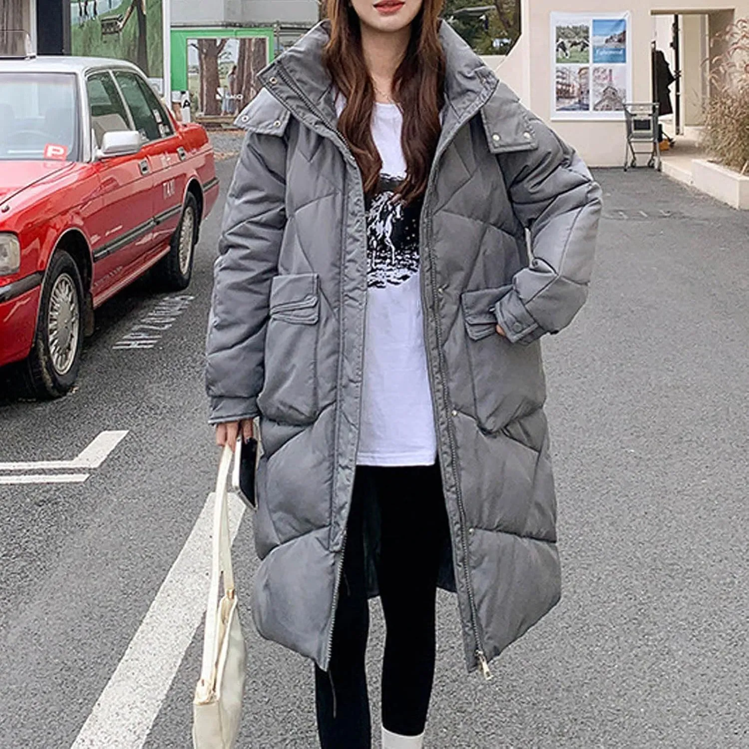 Women's Long Winter Puffer Coat Windproof Warm Maxi Down Jacket Quilted Thickened Hood Parka Down Coats Outerwear
