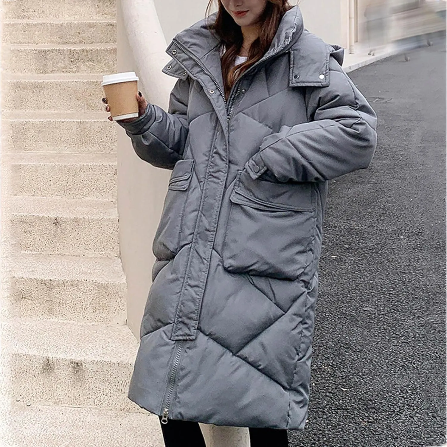 Women's Long Winter Puffer Coat Windproof Warm Maxi Down Jacket Quilted Thickened Hood Parka Down Coats Outerwear