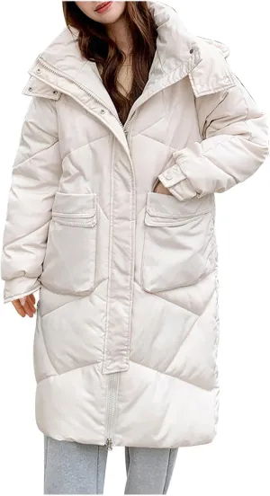 Women's Long Winter Puffer Coat Windproof Warm Maxi Down Jacket Quilted Thickened Hood Parka Down Coats Outerwear