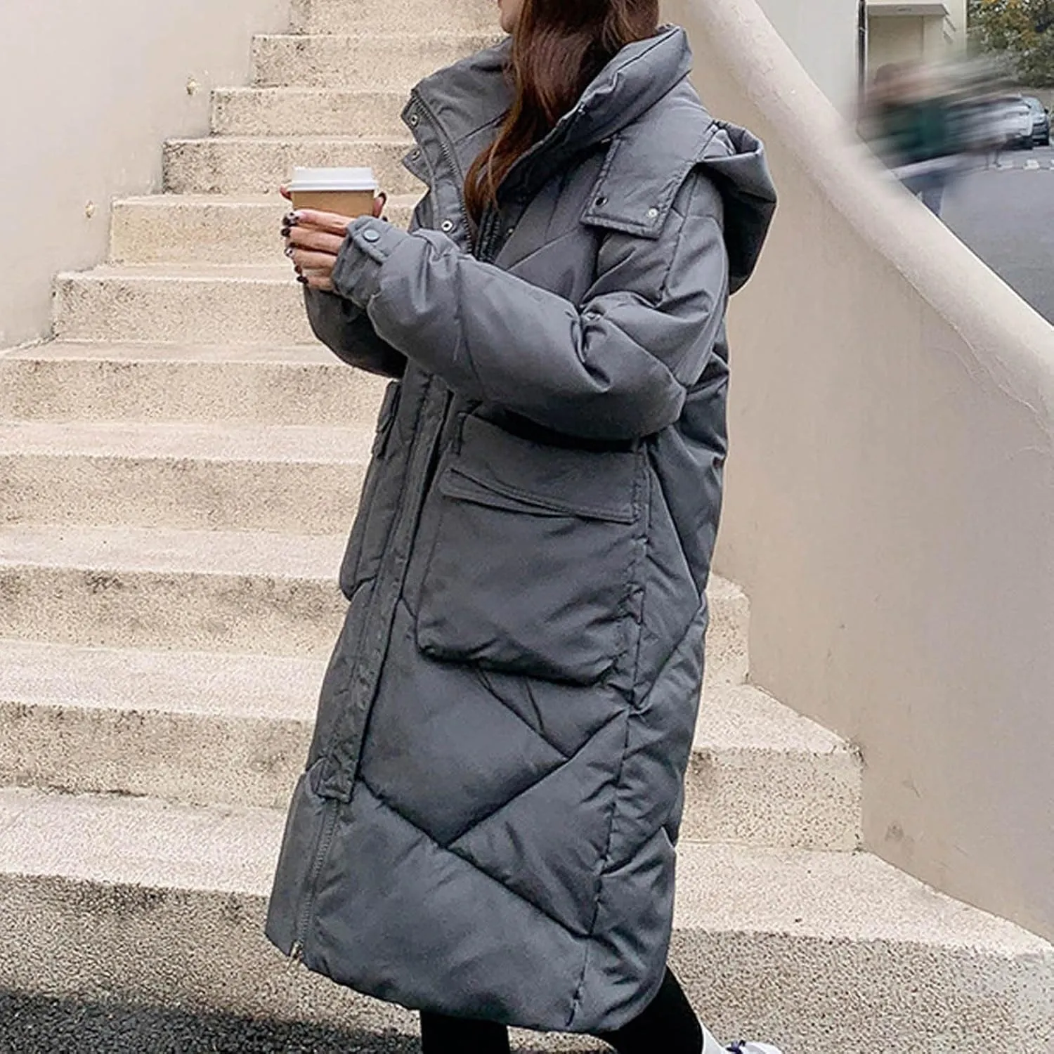 Women's Long Winter Puffer Coat Windproof Warm Maxi Down Jacket Quilted Thickened Hood Parka Down Coats Outerwear