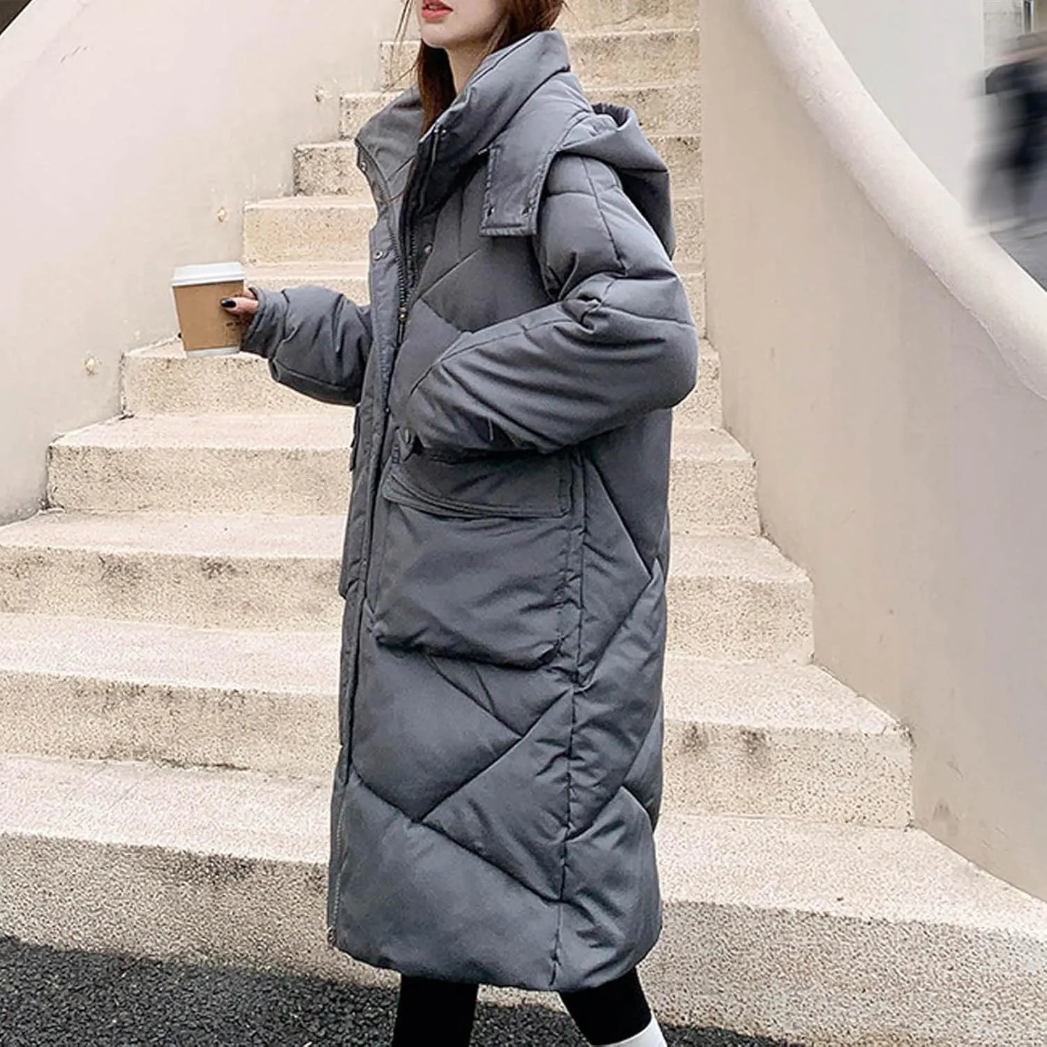 Women's Long Winter Puffer Coat Windproof Warm Maxi Down Jacket Quilted Thickened Hood Parka Down Coats Outerwear