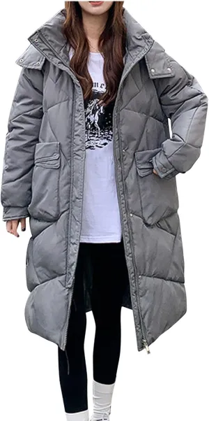 Women's Long Winter Puffer Coat Windproof Warm Maxi Down Jacket Quilted Thickened Hood Parka Down Coats Outerwear