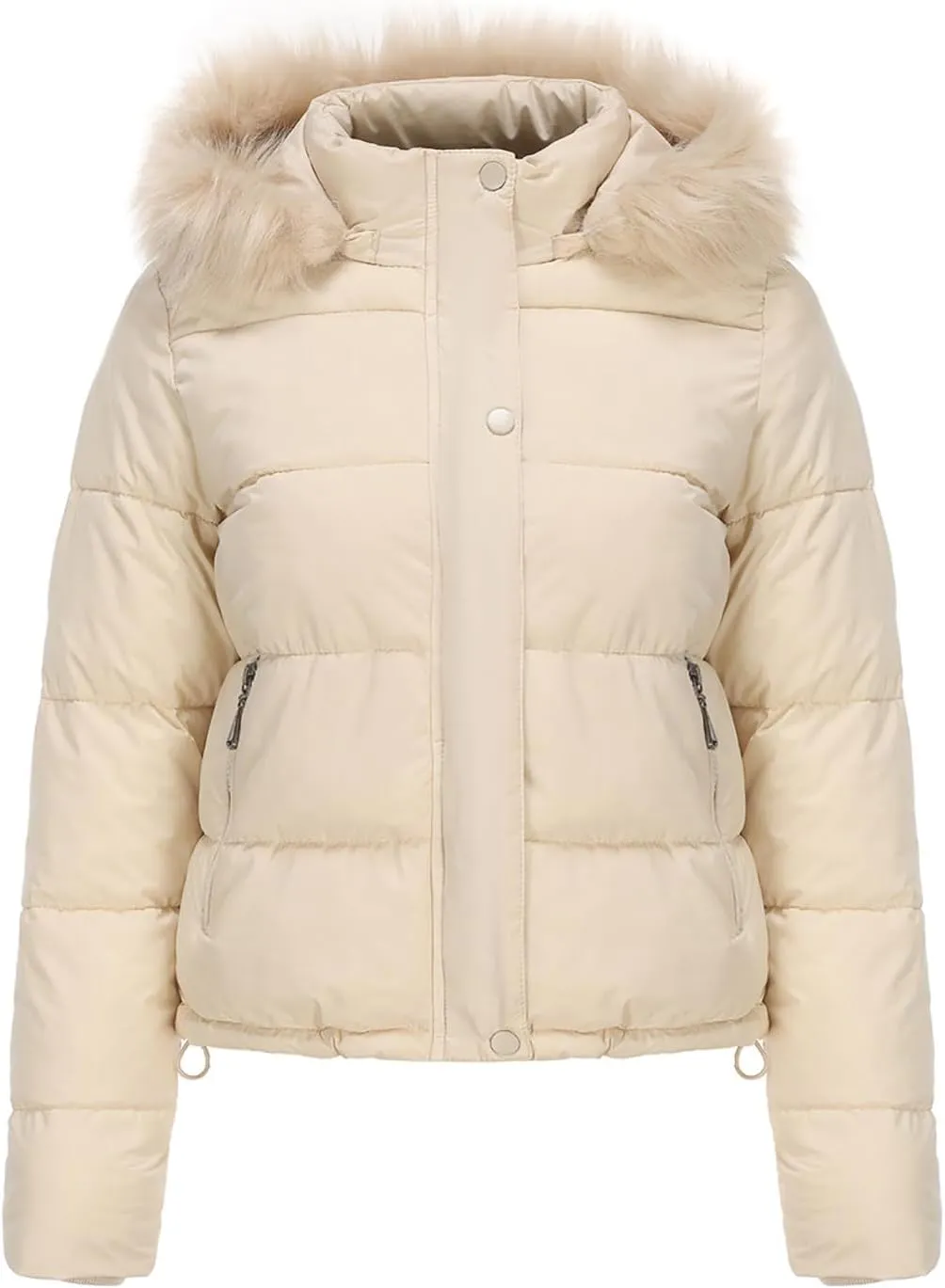 Women's Puffer Jacket Warm Zip Up Crop Down Jacket Thickened Quilted Parkas Faux Fur Removable Hood Outerwear Pockets