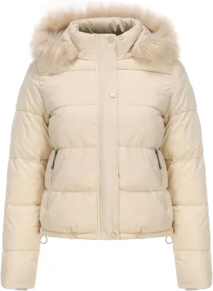 Women's Puffer Jacket Warm Zip Up Crop Down Jacket Thickened Quilted Parkas Faux Fur Removable Hood Outerwear Pockets