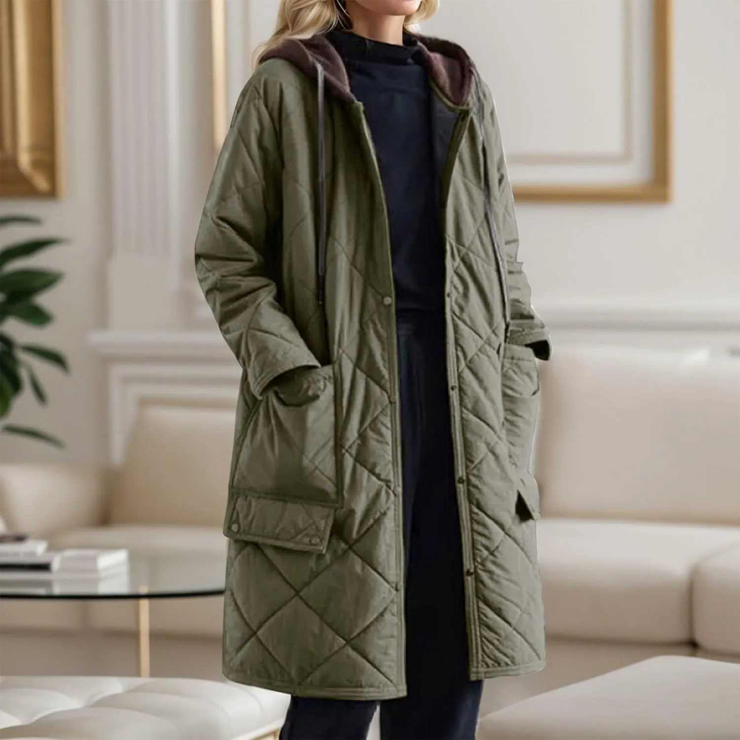 Women's Winter Quilted Jackets Casual Lightweight Button Down Puffer Jacket Outerwear Long Down Winter Coat with Hood