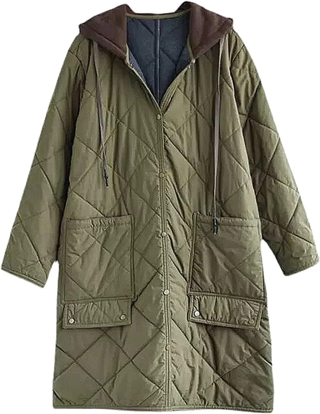 Women's Winter Quilted Jackets Casual Lightweight Button Down Puffer Jacket Outerwear Long Down Winter Coat with Hood