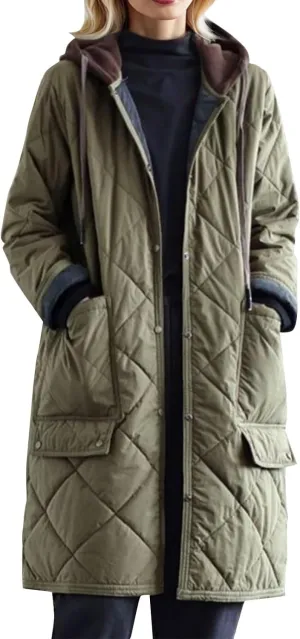 Women's Winter Quilted Jackets Casual Lightweight Button Down Puffer Jacket Outerwear Long Down Winter Coat with Hood
