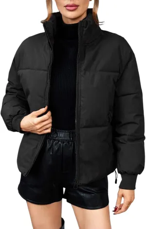 Womens Winter Quilted Jackets Long Sleeve Full Zip Puffer Jacket Short Quilted Warm Puffer Down Coat with Pocket 2024