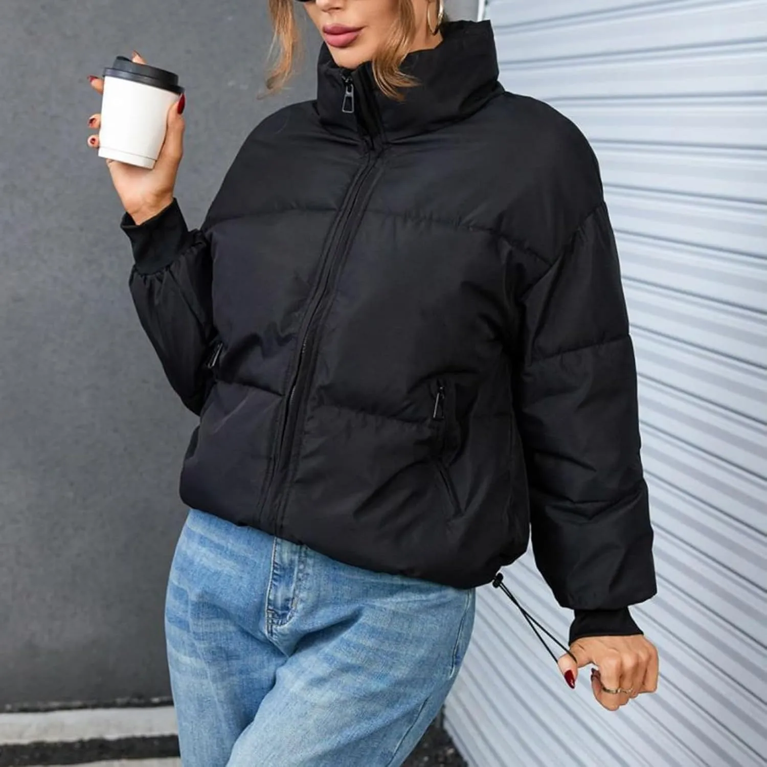 Womens Winter Quilted Jackets Long Sleeve Full Zip Puffer Jacket Short Quilted Warm Puffer Down Coat with Pocket 2024