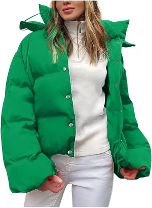 XUNRYAN Womens Winter Warm Down Coats Long Sleeve Quilted Lightweight Puffer Jackets Crop Casual Button Down Overcoats Outer