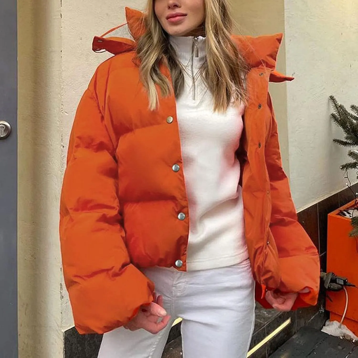 XUNRYAN Womens Winter Warm Down Coats Long Sleeve Quilted Lightweight Puffer Jackets Crop Casual Button Down Overcoats Outer