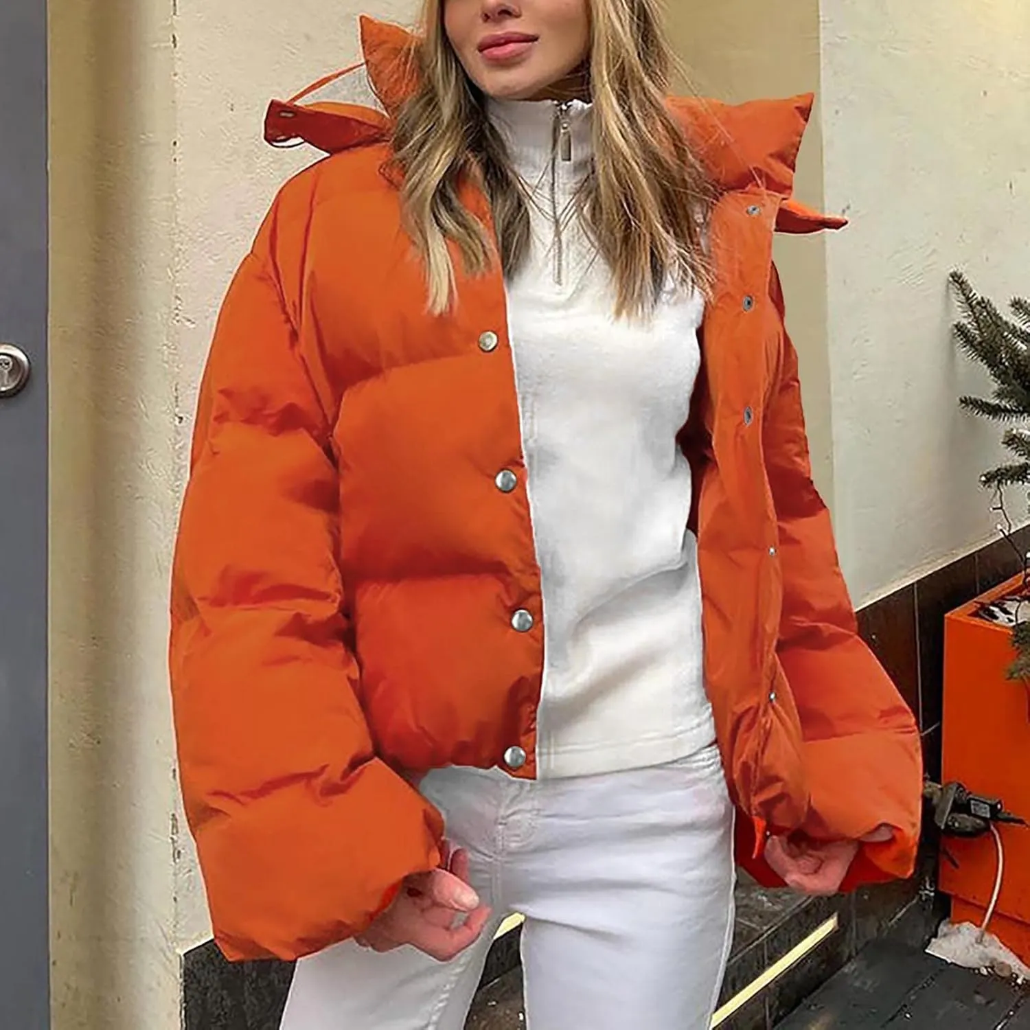 XUNRYAN Womens Winter Warm Down Coats Long Sleeve Quilted Lightweight Puffer Jackets Crop Casual Button Down Overcoats Outer