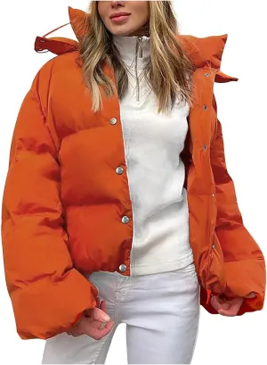 XUNRYAN Womens Winter Warm Down Coats Long Sleeve Quilted Lightweight Puffer Jackets Crop Casual Button Down Overcoats Outer