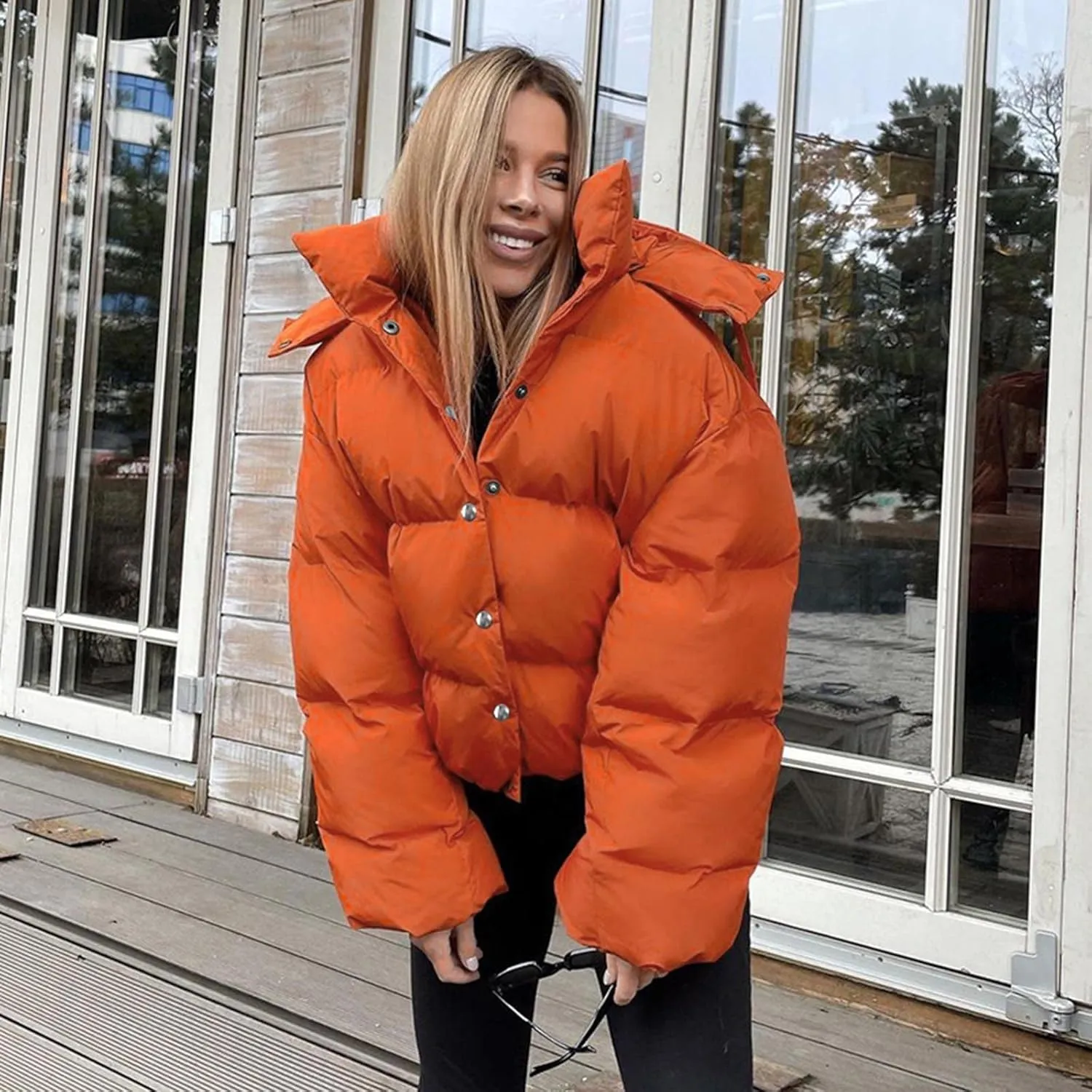 XUNRYAN Womens Winter Warm Down Coats Long Sleeve Quilted Lightweight Puffer Jackets Crop Casual Button Down Overcoats Outer