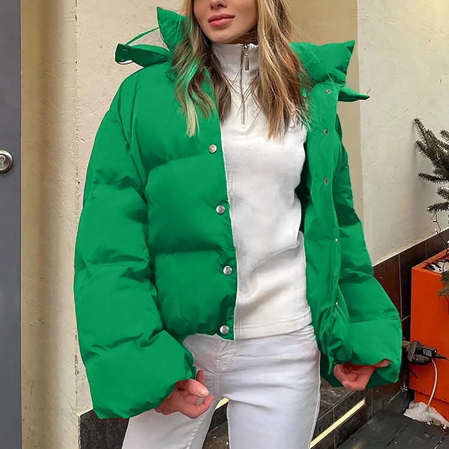 XUNRYAN Womens Winter Warm Down Coats Long Sleeve Quilted Lightweight Puffer Jackets Crop Casual Button Down Overcoats Outer