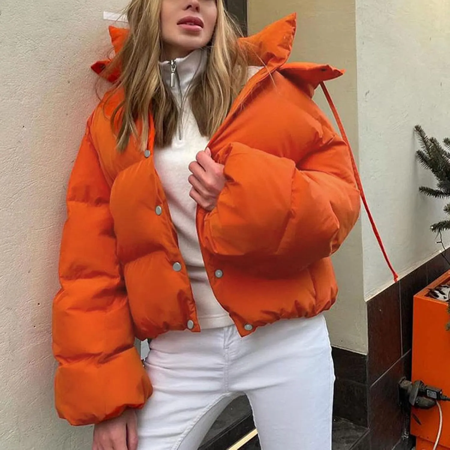 XUNRYAN Womens Winter Warm Down Coats Long Sleeve Quilted Lightweight Puffer Jackets Crop Casual Button Down Overcoats Outer