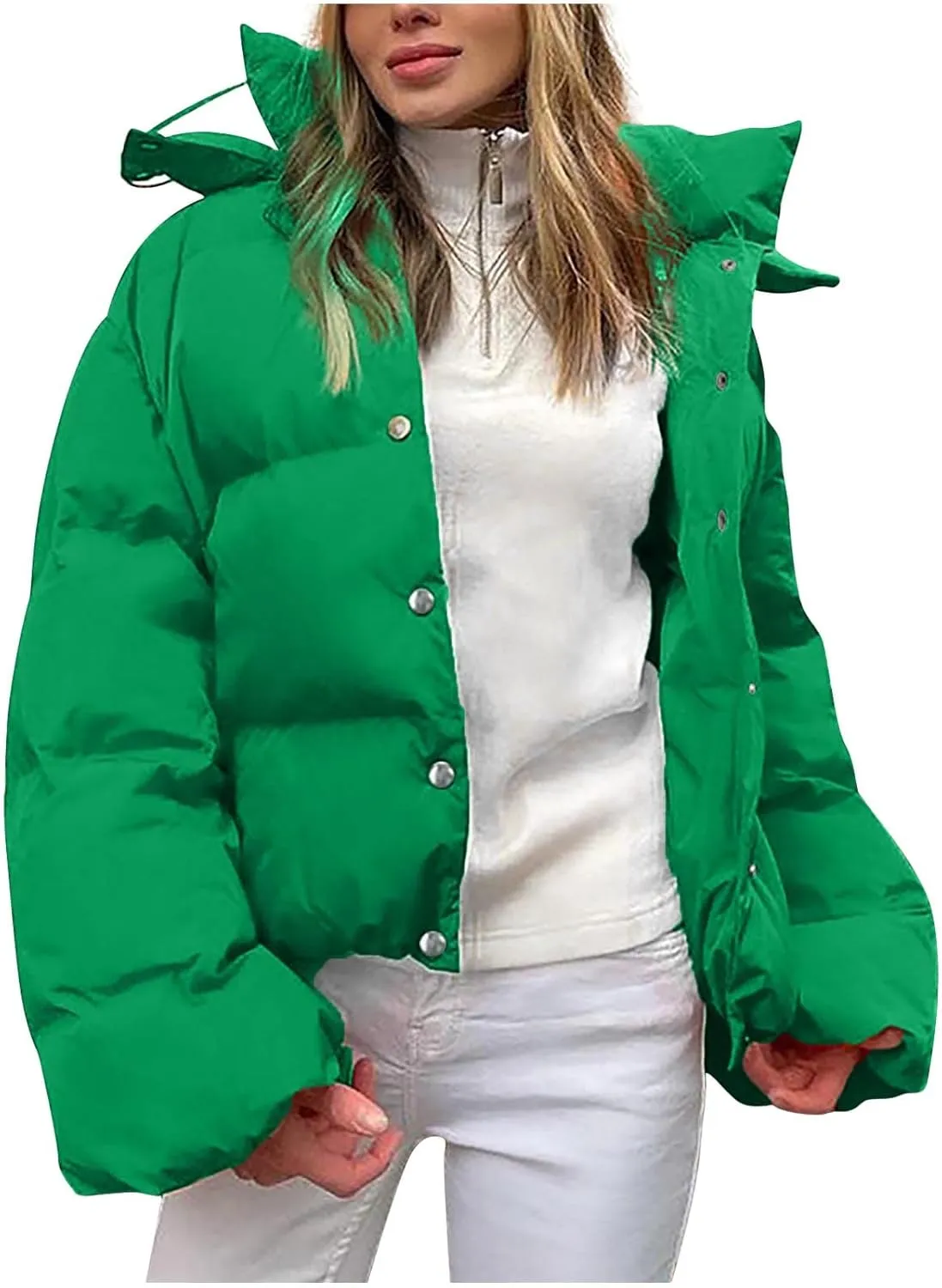 XUNRYAN Womens Winter Warm Down Coats Long Sleeve Quilted Lightweight Puffer Jackets Crop Casual Button Down Overcoats Outer